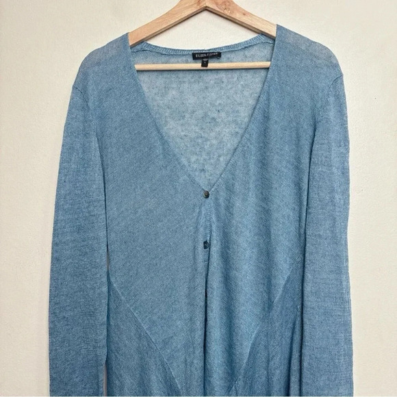 Eileen Fisher Womens Size Small Linen Blue Button Asymmetrical Cardigan - Picture 2 of 13